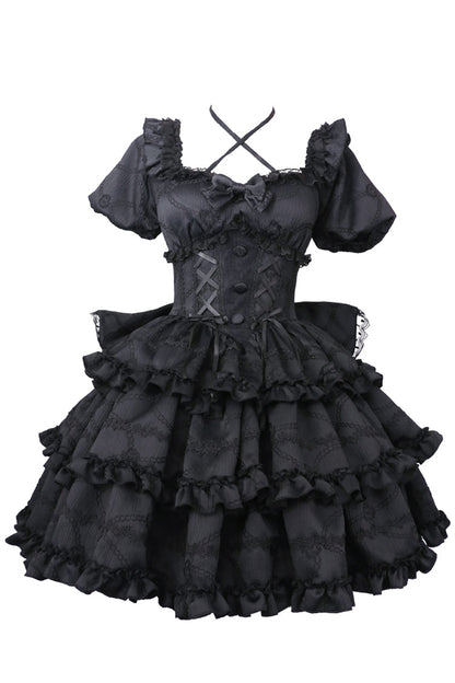 Gothic Lolita Dress - Square Collar Triple-layered, Pink, Square Collar, Bow Detail - S Black / M Black / L Black option