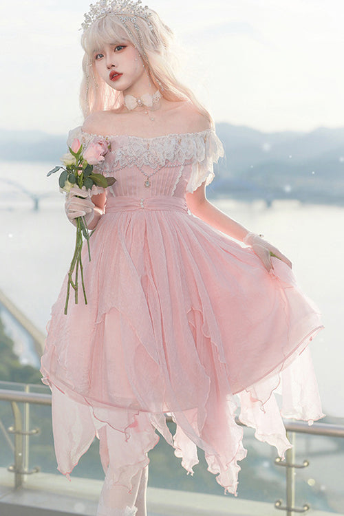 Gothic Lolita Dress - Square Neck Boat Neck Versatile, Pink, Sweet Style, Lace Trim - additional product view 2