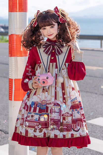 Gothic Lolita Dress - Squirrel Popcorn Print Bowknot, Red, Printed, Long Sleeves - additional product view 2
