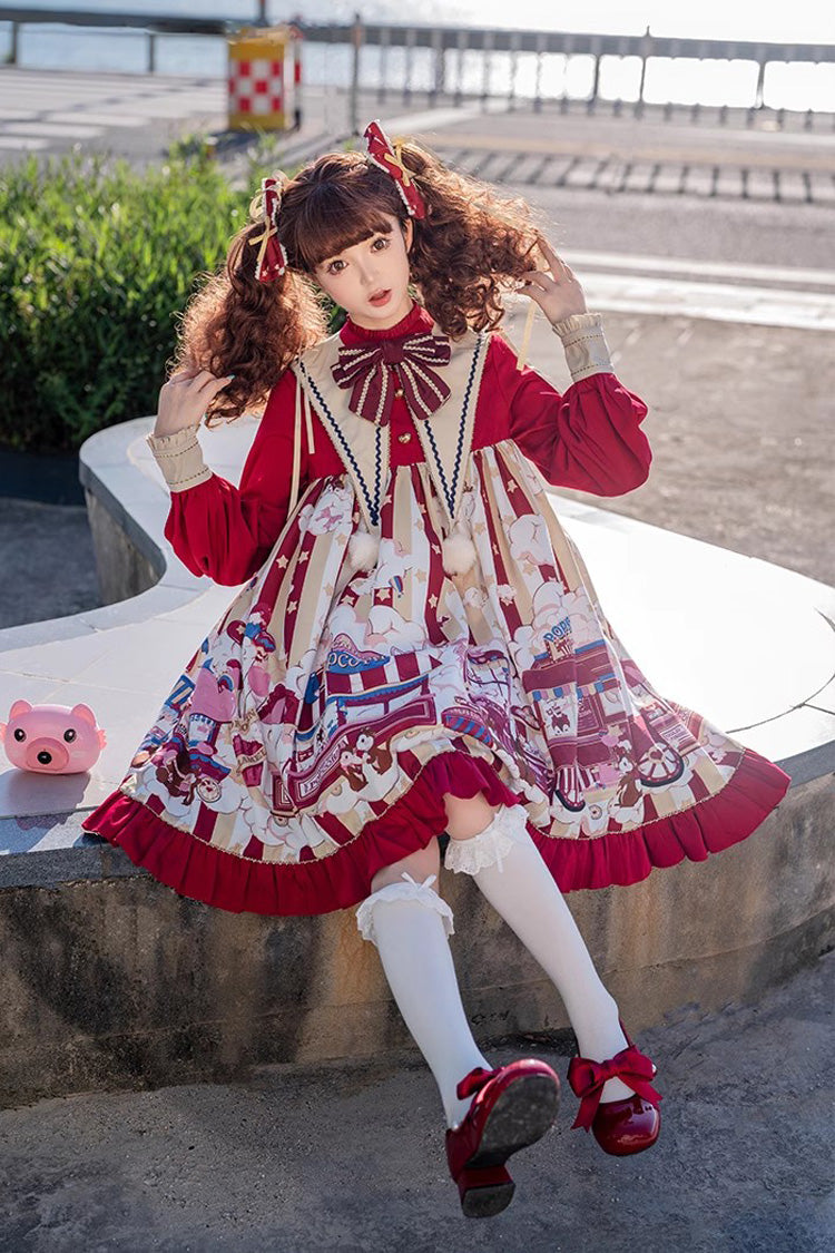 Gothic Lolita Dress - Squirrel Popcorn Print Bowknot, Red, Printed, Long Sleeves - additional product view 3