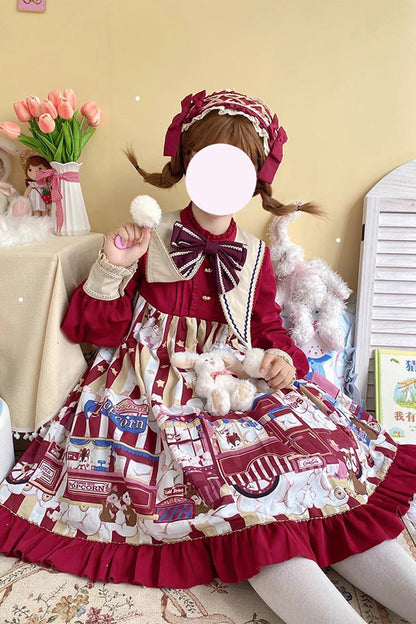 Gothic Lolita Dress - Squirrel Popcorn Print Bowknot, Red, Printed, Long Sleeves - additional product view 4