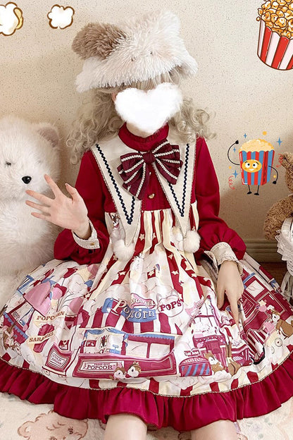 Gothic Lolita Dress - Squirrel Popcorn Print Bowknot, Red, Printed, Long Sleeves - additional product view 5