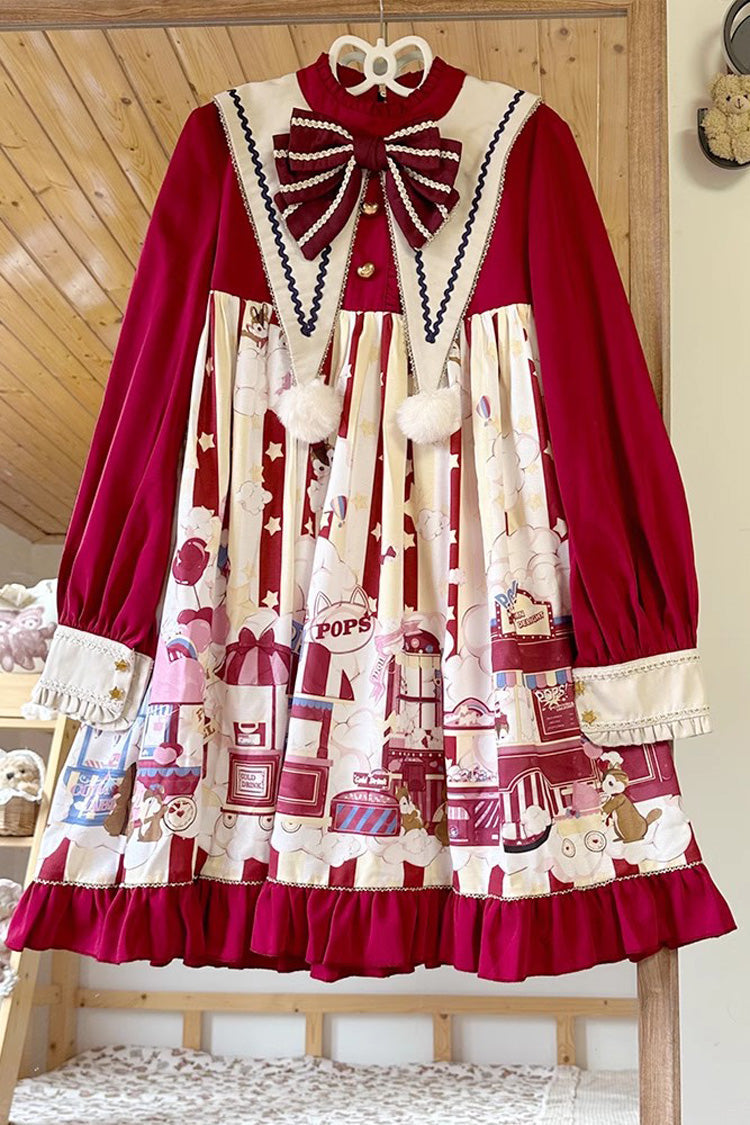 Gothic Lolita Dress - Squirrel Popcorn Print Bowknot, Red, Printed, Long Sleeves - additional product view 6