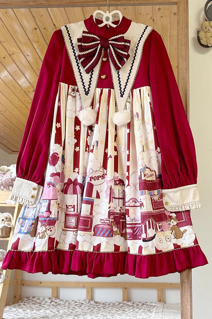 Gothic Lolita Dress - Squirrel Popcorn Print Bowknot, Red, Printed, Long Sleeves - additional product view 6