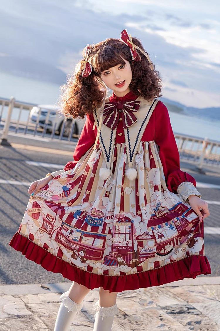 Gothic Lolita Dress - Squirrel Popcorn Print Bowknot, Red, Printed, Long Sleeves - main product image