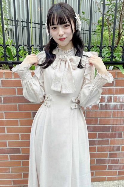 Gothic Lolita Dress - Stand Collar Off Shoulder, White, Stand Collar, Bow Detail - additional product view 2