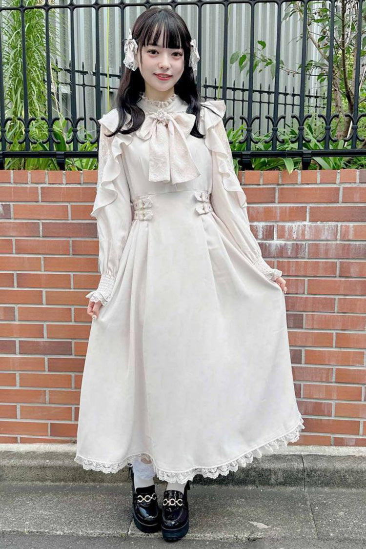 Gothic Lolita Dress - Stand Collar Off Shoulder, White, Stand Collar, Bow Detail - additional product view 3