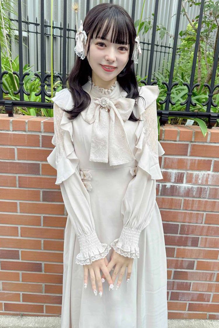Gothic Lolita Dress - Stand Collar Off Shoulder, White, Stand Collar, Bow Detail - additional product view 4