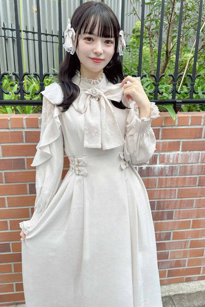 Gothic Lolita Dress - Stand Collar Off Shoulder, White, Stand Collar, Bow Detail - additional product view 5
