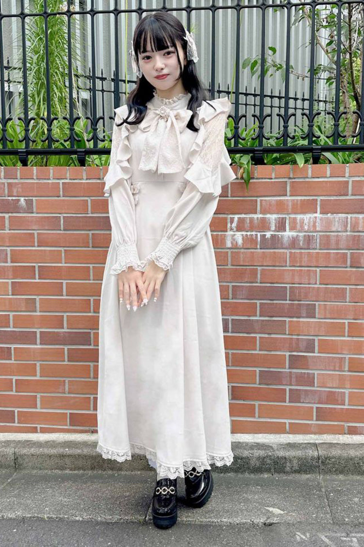 Gothic Lolita Dress - Stand Collar Off Shoulder, White, Stand Collar, Bow Detail - additional product view 6