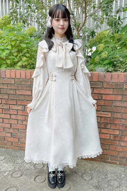 Gothic Lolita Dress - Stand Collar Off Shoulder, White, Stand Collar, Bow Detail - additional product view 7
