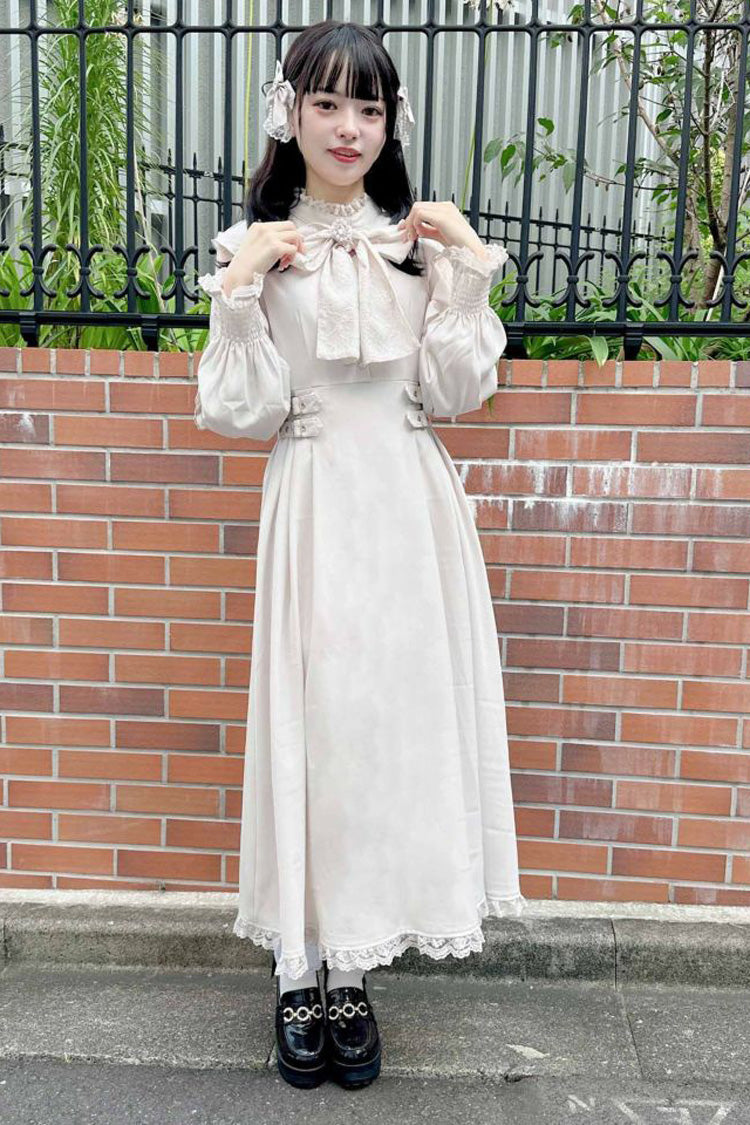Gothic Lolita Dress - Stand Collar Off Shoulder, White, Stand Collar, Bow Detail - additional product view 8