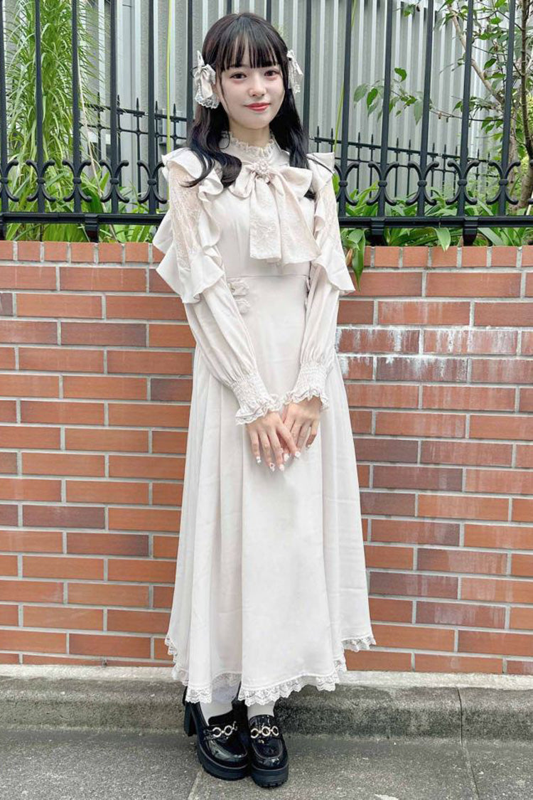 Gothic Lolita Dress - Stand Collar Off Shoulder, White, Stand Collar, Bow Detail - additional product view 9