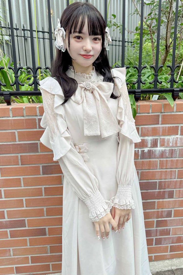 Gothic Lolita Dress - Stand Collar Off Shoulder, White, Stand Collar, Bow Detail - additional product view 10