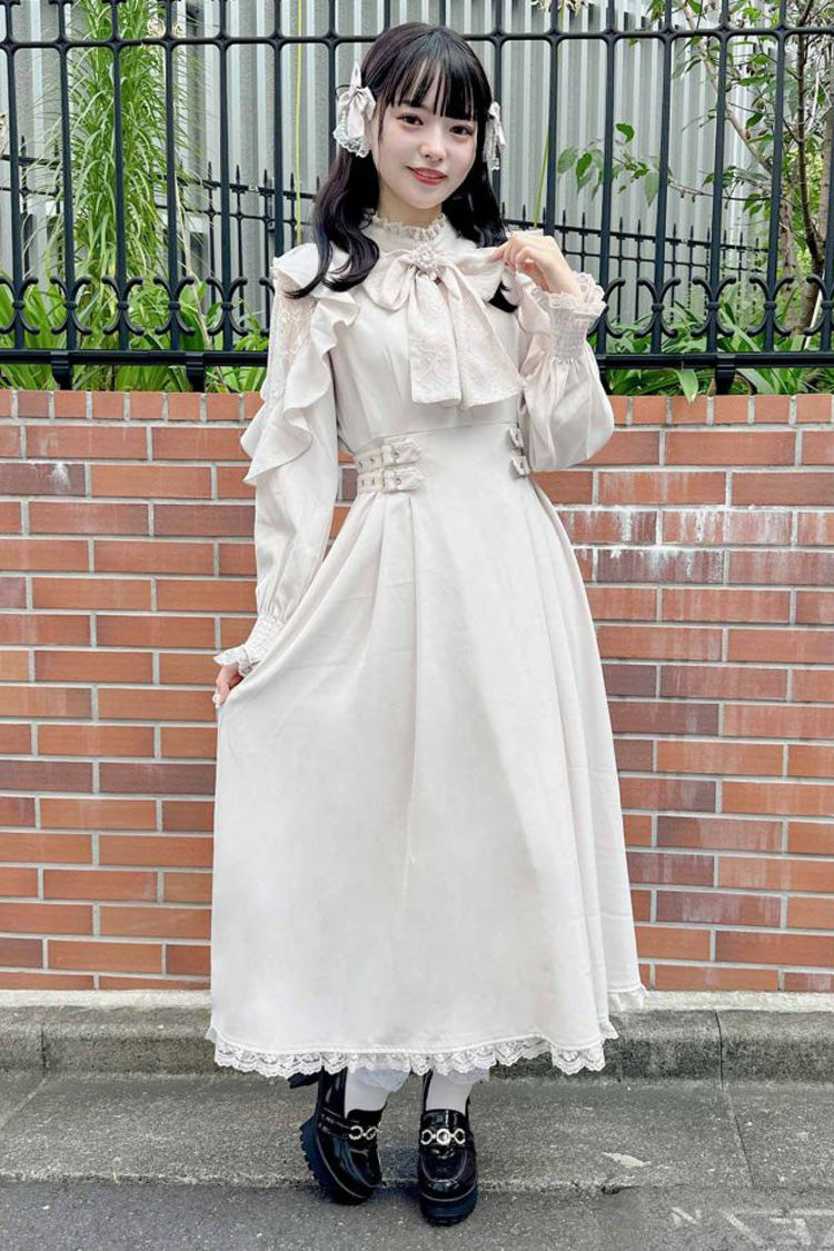Gothic Lolita Dress - Stand Collar Off Shoulder, White, Stand Collar, Bow Detail - additional product view 11