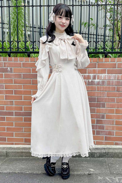 Gothic Lolita Dress - Stand Collar Off Shoulder, White, Stand Collar, Bow Detail - additional product view 11