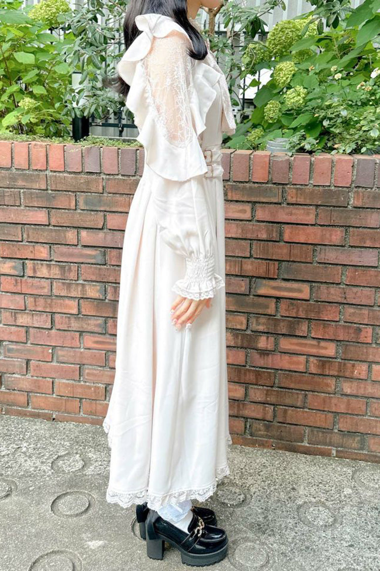 Gothic Lolita Dress - Stand Collar Off Shoulder, White, Stand Collar, Bow Detail - additional product view 12