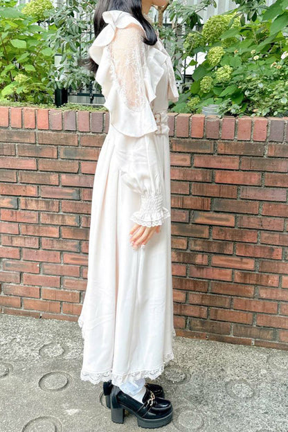Gothic Lolita Dress - Stand Collar Off Shoulder, White, Stand Collar, Bow Detail - additional product view 12