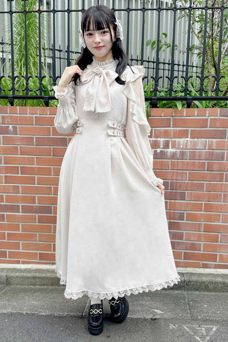 Gothic Lolita Dress - Stand Collar Off Shoulder, White, Stand Collar, Bow Detail - additional product view 13