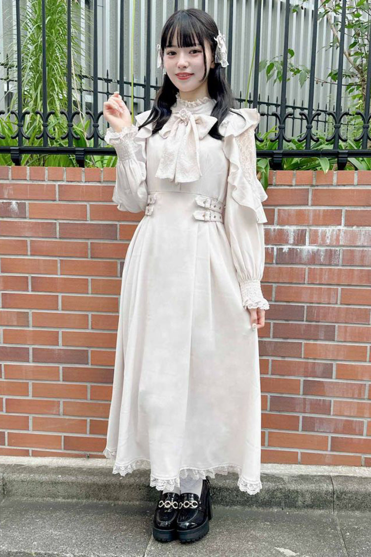 Gothic Lolita Dress - Stand Collar Off Shoulder, White, Stand Collar, Bow Detail - main product image