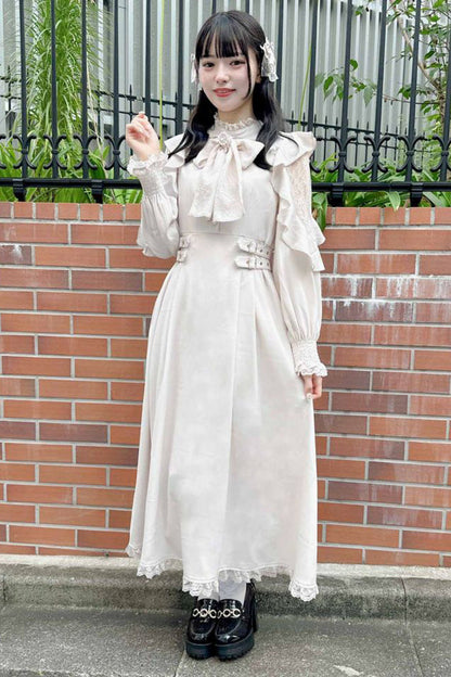 Gothic Lolita Dress - Stand Collar Off Shoulder, White, Stand Collar, Bow Detail - main product image
