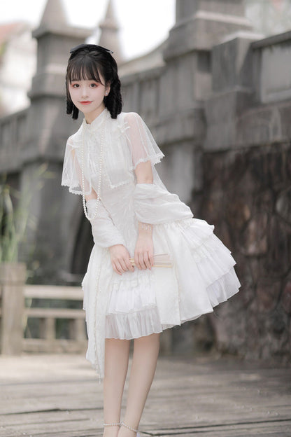 Gothic Lolita Dress - Stand Collar Ruffle Chinese, White, Stand Collar, Sweet Style - additional product view 2