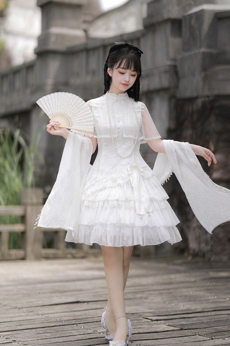 Gothic Lolita Dress - Stand Collar Ruffle Chinese, White, Stand Collar, Sweet Style - additional product view 3