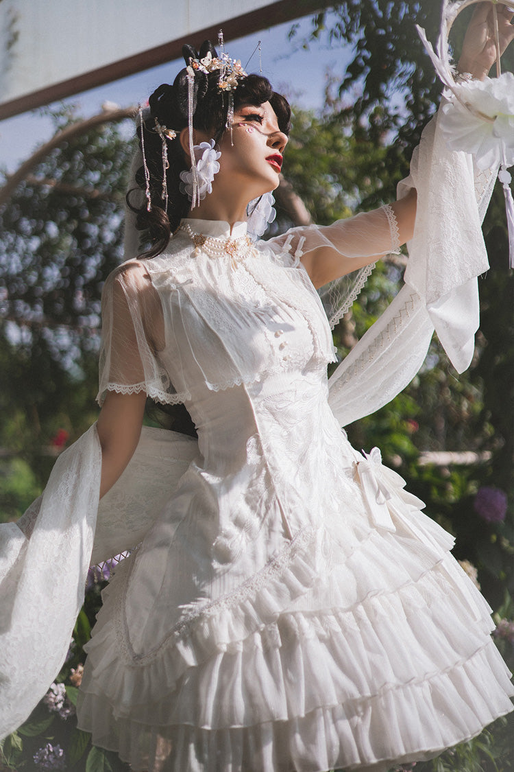 Gothic Lolita Dress - Stand Collar Ruffle Chinese, White, Stand Collar, Sweet Style - additional product view 4