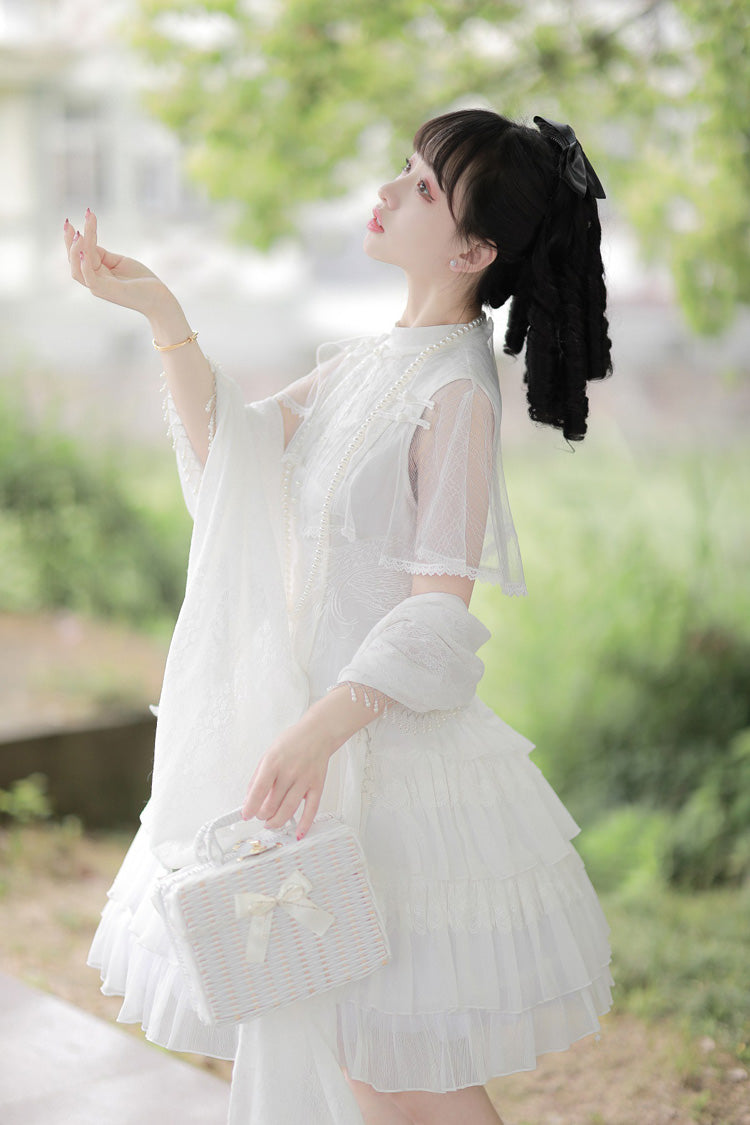 Gothic Lolita Dress - Stand Collar Ruffle Chinese, White, Stand Collar, Sweet Style - additional product view 5