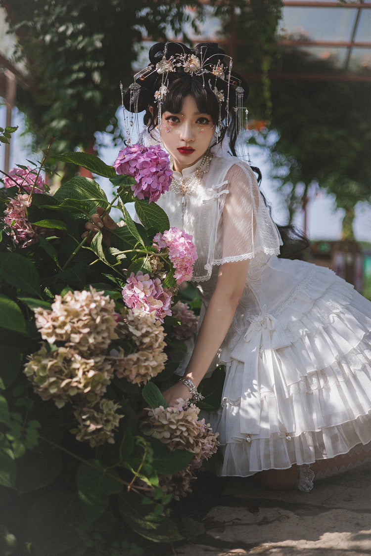 Gothic Lolita Dress - Stand Collar Ruffle Chinese, White, Stand Collar, Sweet Style - additional product view 6