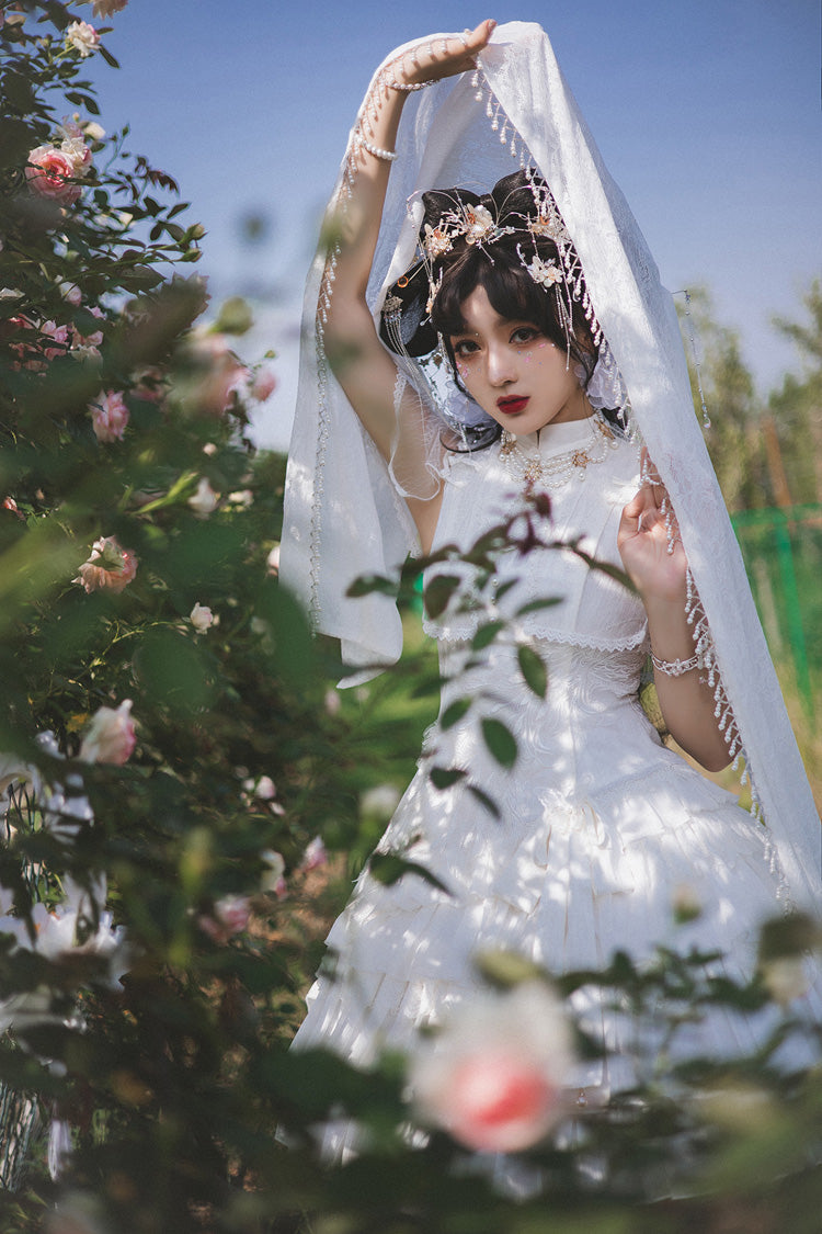 Gothic Lolita Dress - Stand Collar Ruffle Chinese, White, Stand Collar, Sweet Style - additional product view 7