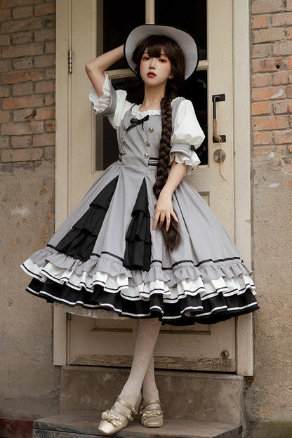 Gothic Lolita Dress - Steel Rose, Gray, Sweet Style, Bow Detail, Ruffled - main product image