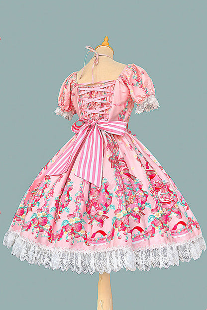Gothic Lolita Dress - Strawberry Chef, 4 Colors, Bow Detail, Lace Trim, Printed - additional product view 3