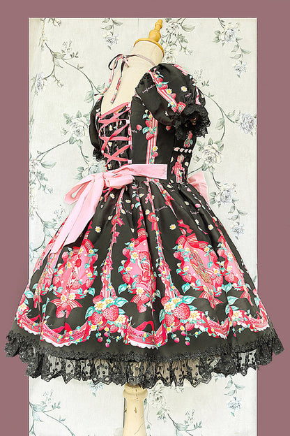 Gothic Lolita Dress - Strawberry Chef, 4 Colors, Bow Detail, Lace Trim, Printed - additional product view 12