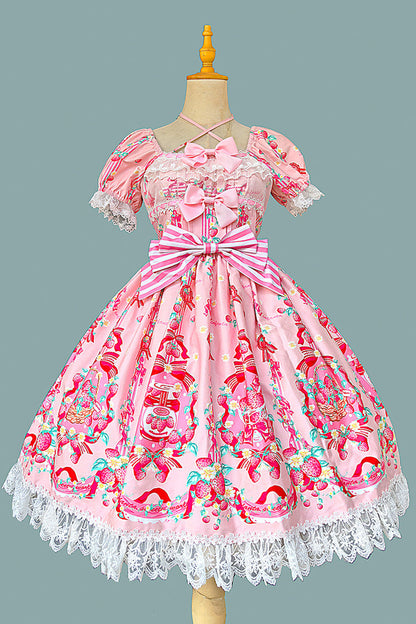 Gothic Lolita Dress - Strawberry Chef, 4 Colors, Bow Detail, Lace Trim, Printed - main product image
