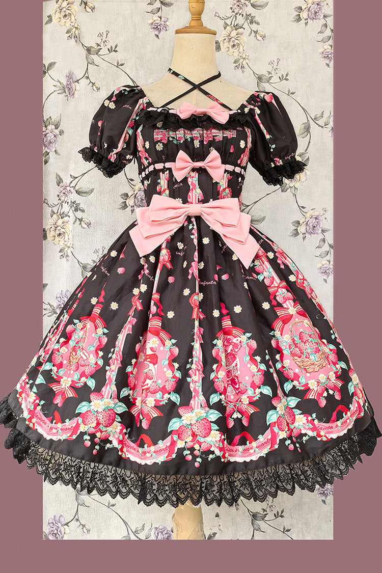 Gothic Lolita Dress - Strawberry Chef, 4 Colors, Bow Detail, Lace Trim, Printed - S Black / M Black / L Black option