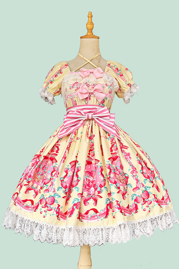 Gothic Lolita Dress - Strawberry Chef, 4 Colors, Bow Detail, Lace Trim, Printed - S Yellow / M Yellow / L Yellow option