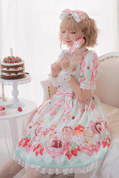 Gothic Lolita Dress - Strawberry Feast, 4 Colors, Bow Detail, Ruffled, Printed - additional product view 2