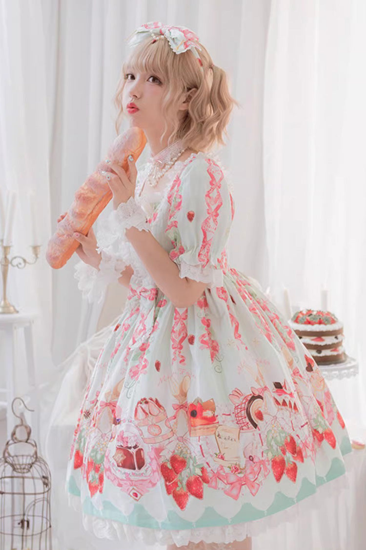 Gothic Lolita Dress - Strawberry Feast, 4 Colors, Bow Detail, Ruffled, Printed - additional product view 3