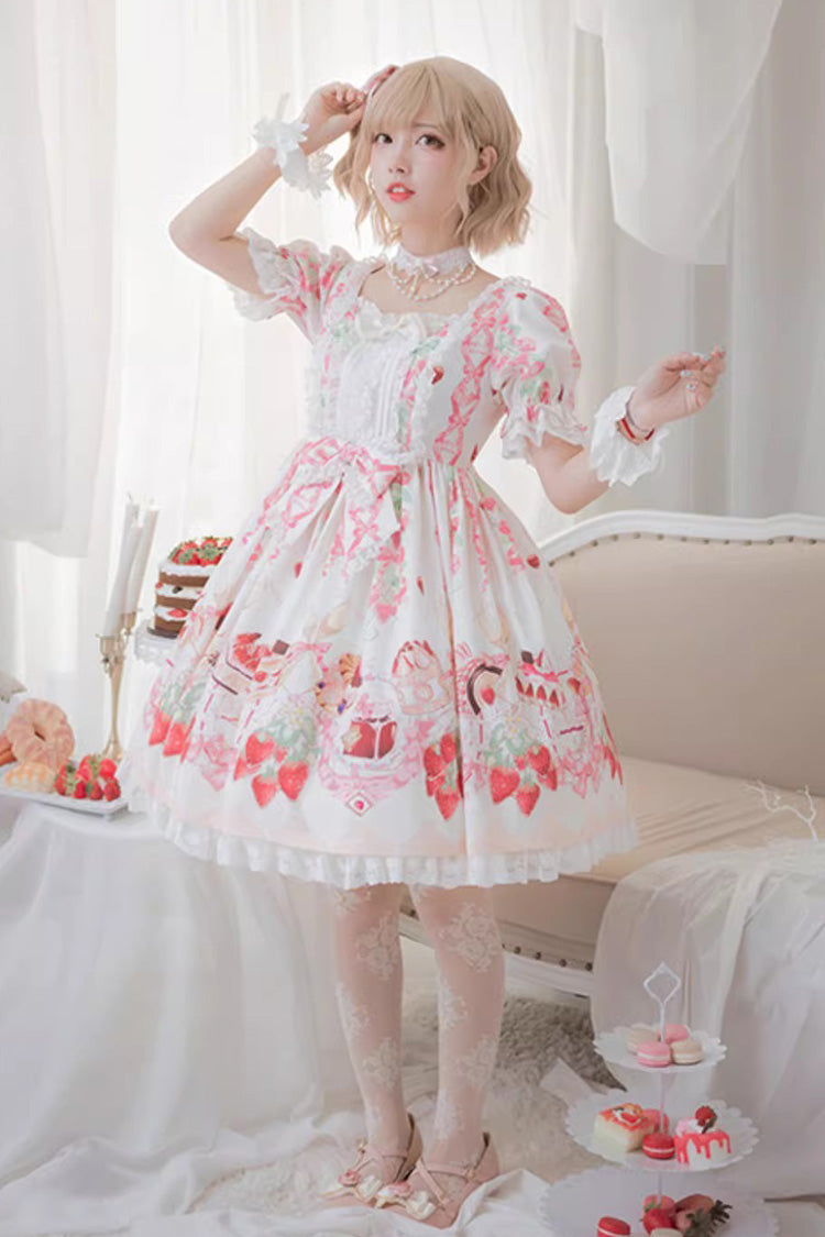Gothic Lolita Dress - Strawberry Feast, 4 Colors, Bow Detail, Ruffled, Printed - S Ivory / L Ivory option