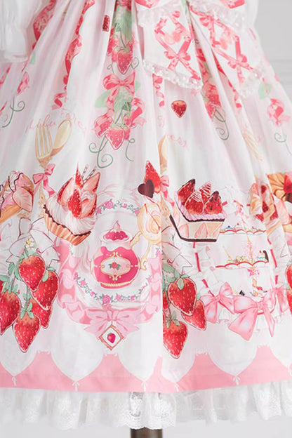 Gothic Lolita Dress - Strawberry Feast, 4 Colors, Bow Detail, Ruffled, Printed - S Pink / L Pink option