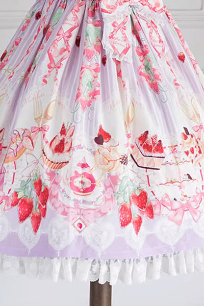 Gothic Lolita Dress - Strawberry Feast, 4 Colors, Bow Detail, Ruffled, Printed - S Purple / L Purple option