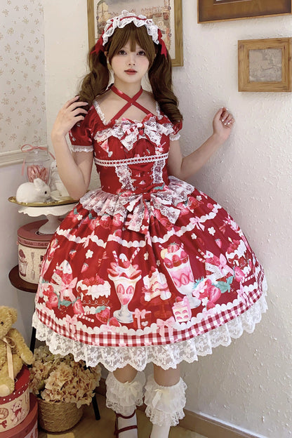 Gothic Lolita Dress - Strawberry Parfait, Red, Bow Detail, Lace Trim, Ruffled - additional product view 2