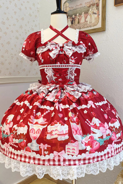 Gothic Lolita Dress - Strawberry Parfait, Red, Bow Detail, Lace Trim, Ruffled - additional product view 3