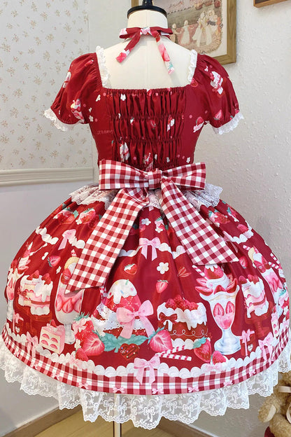 Gothic Lolita Dress - Strawberry Parfait, Red, Bow Detail, Lace Trim, Ruffled - additional product view 4