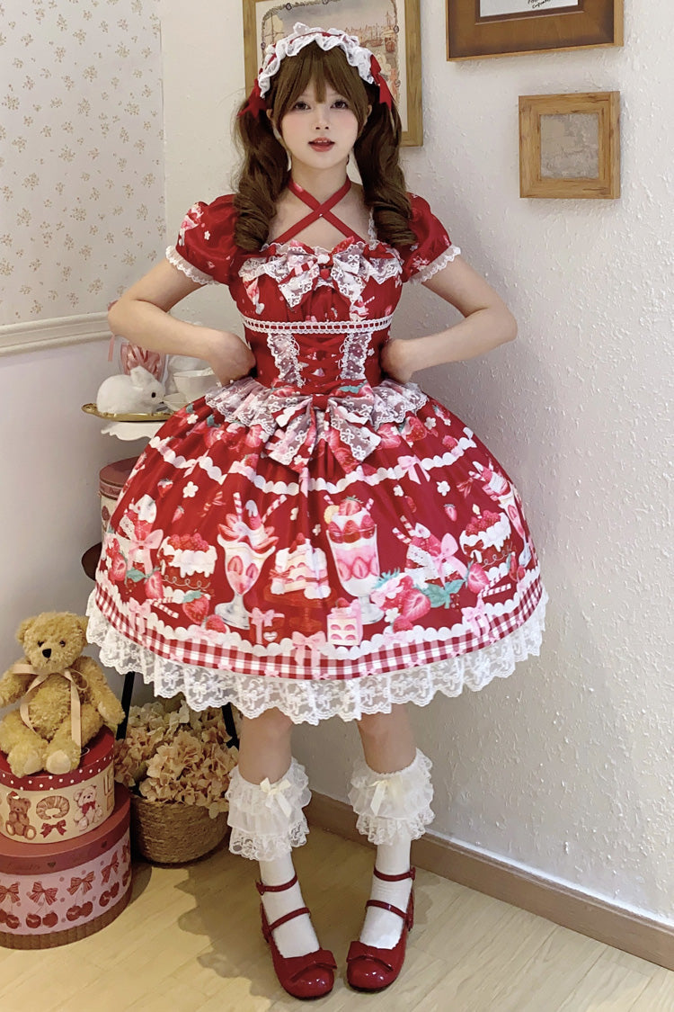 Gothic Lolita Dress - Strawberry Parfait, Red, Bow Detail, Lace Trim, Ruffled - additional product view 5