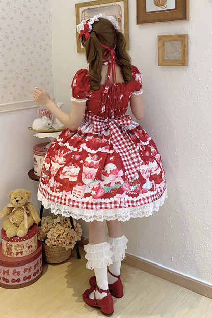 Gothic Lolita Dress - Strawberry Parfait, Red, Bow Detail, Lace Trim, Ruffled - additional product view 6