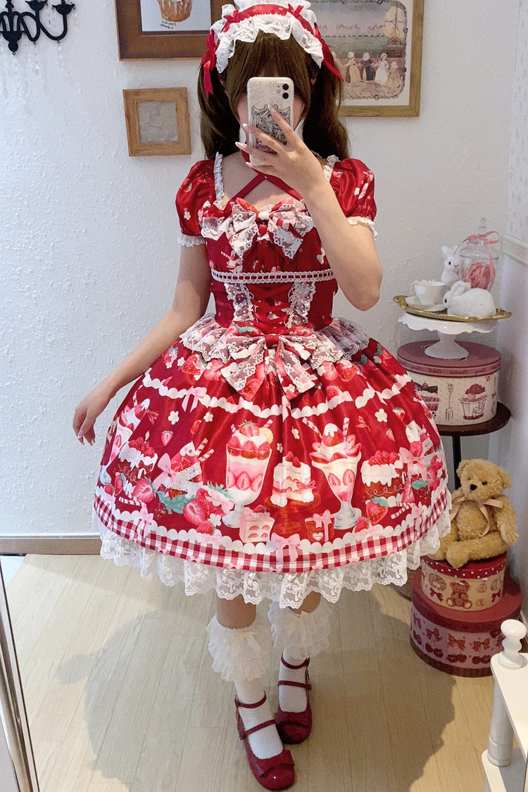 Gothic Lolita Dress - Strawberry Parfait, Red, Bow Detail, Lace Trim, Ruffled - additional product view 7
