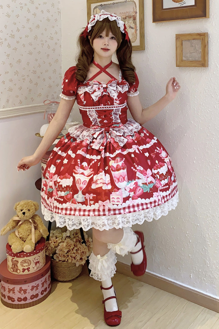 Gothic Lolita Dress - Strawberry Parfait, Red, Bow Detail, Lace Trim, Ruffled - additional product view 8