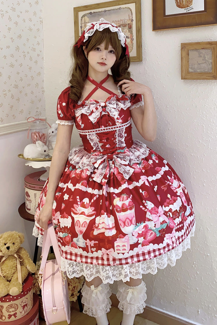 Gothic Lolita Dress - Strawberry Parfait, Red, Bow Detail, Lace Trim, Ruffled - additional product view 9